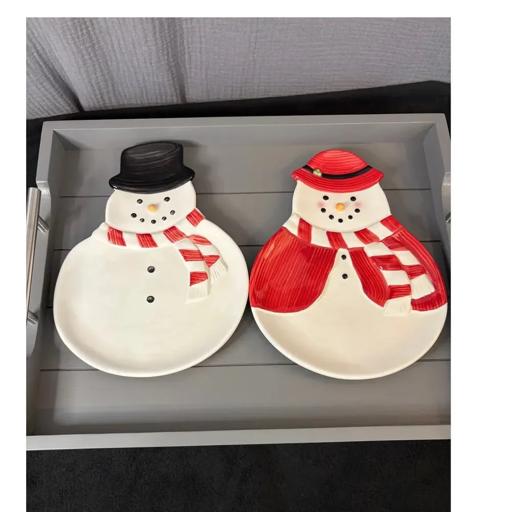 Set of 2 Williams Sonoma Ceramic Snowman 10” Plates
